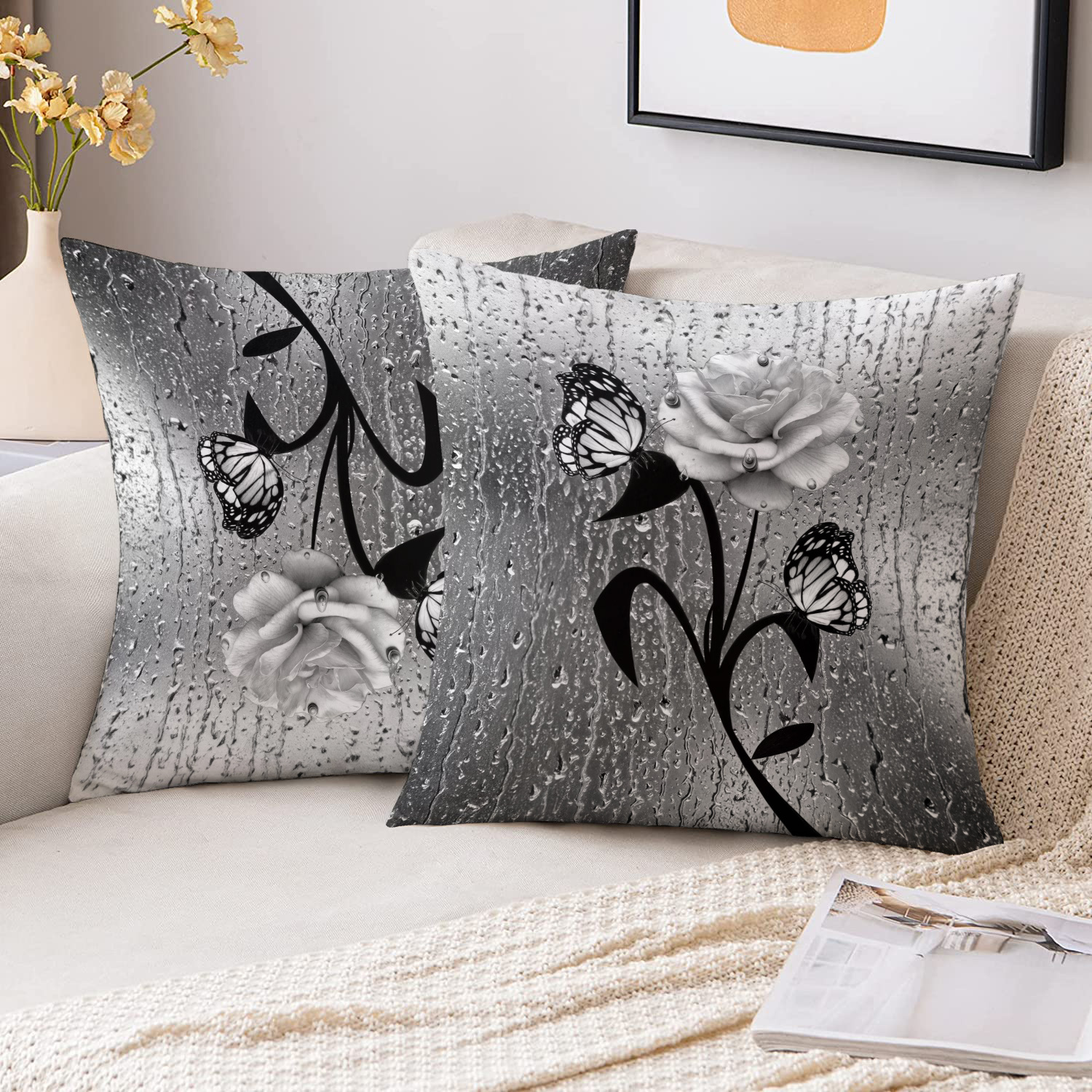 

2pcs Modern Artistic Throw Pillow Covers, 18x18 Inch - Soft Plush Silvery Gray With Black Leaves & Design, Dual-sided Print, Zip Closure For - Living Room & Bedroom Decor (inserts Not Included)