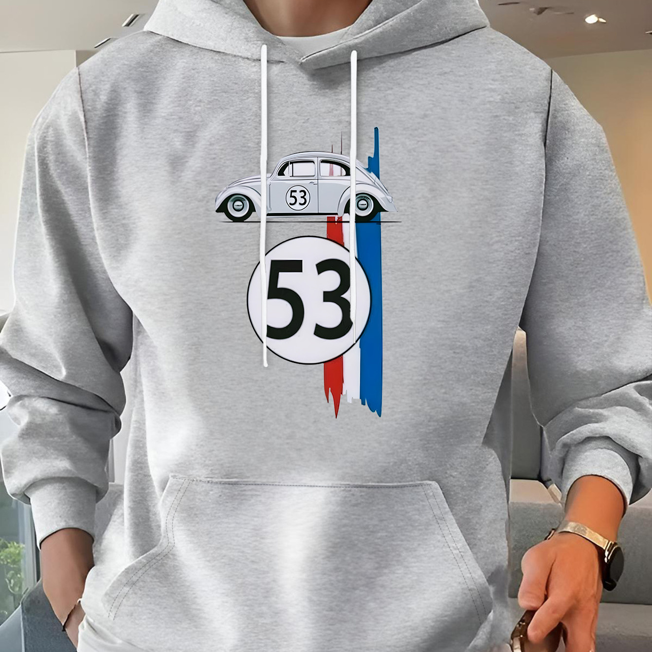 

1pc Men's Casual Sports Hoodie With Racing Car Print - Polyester Knit Fabric, Stretch, Loose Fit, Hooded Collar, With Pocket - Stylish Spring/autumn Sweatshirt