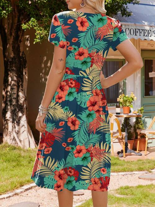 womens summer short sleeve a line midi dresses elegant floral t shirt dress flowy beach sundress with pockets