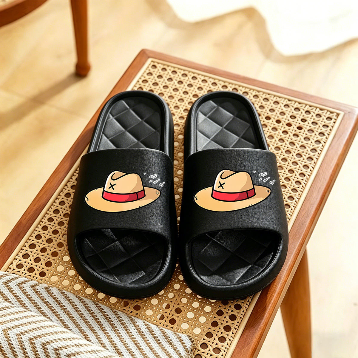 TEMU 1 Pair Straw Hat Print Slippers, Lightweight Eva Sole Slippers, Suitable For Home, Sports, And Outdoor Beach, Wear