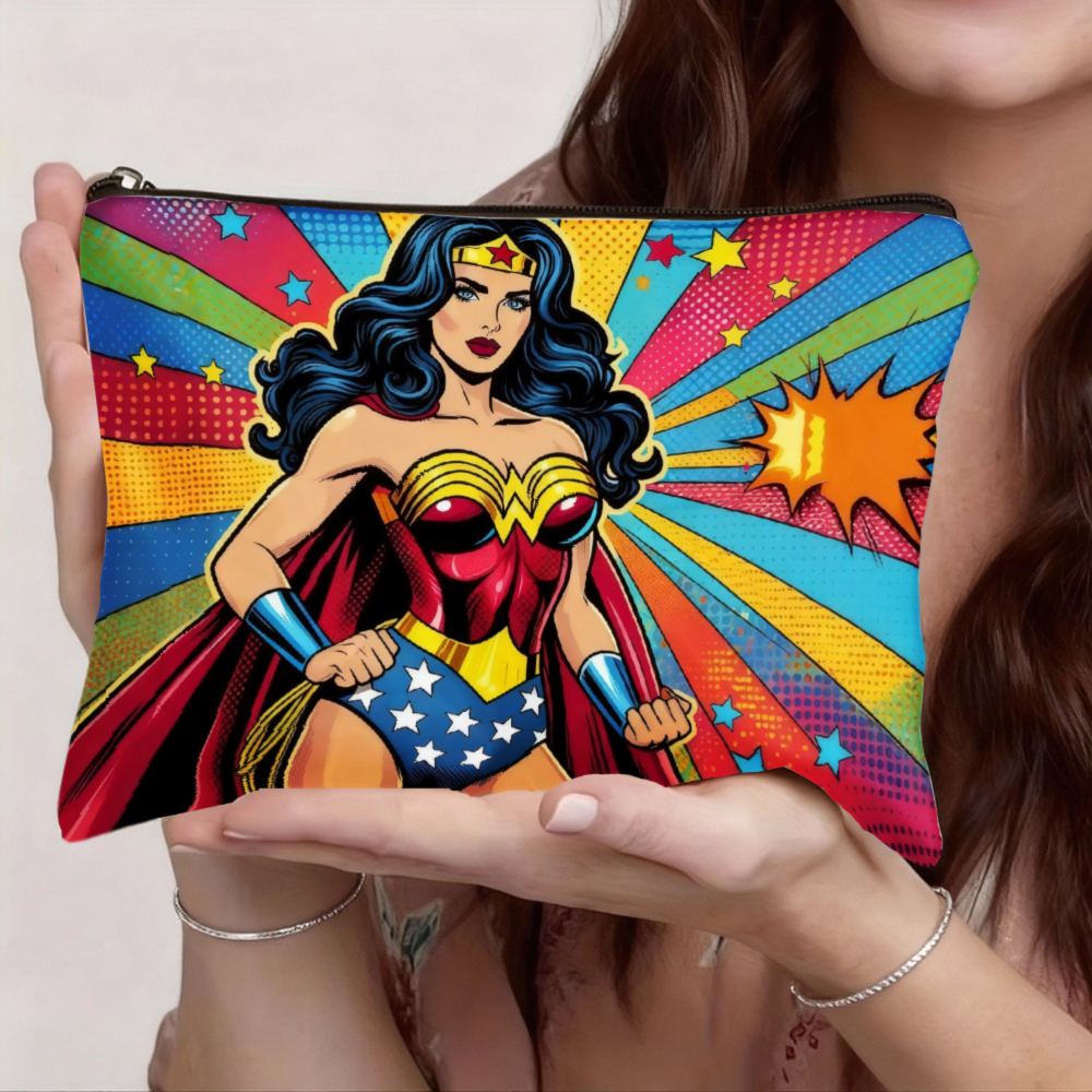 TEMU 1pc Wb Comics Wonder Woman Themed Makeup Bag - Iconic Wonder Woman & Graphics, Double-sided Printing, Zipper Closure Cosmetic Organizer Suitable