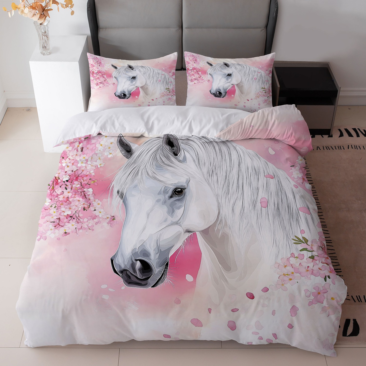 TEMU 3pcs White Set Pink Floral Print (1duvet Cover   2pillowcase, Without Core) For Bedroom Decor