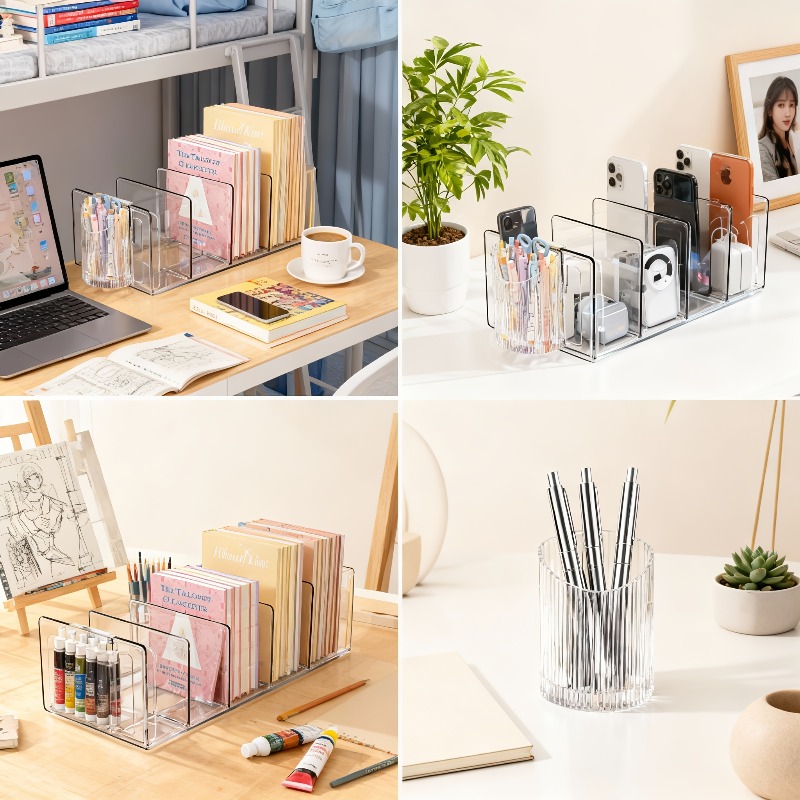 Multifunctional Desktop Organizer Bookend, Transparent Acrylic with Compartments