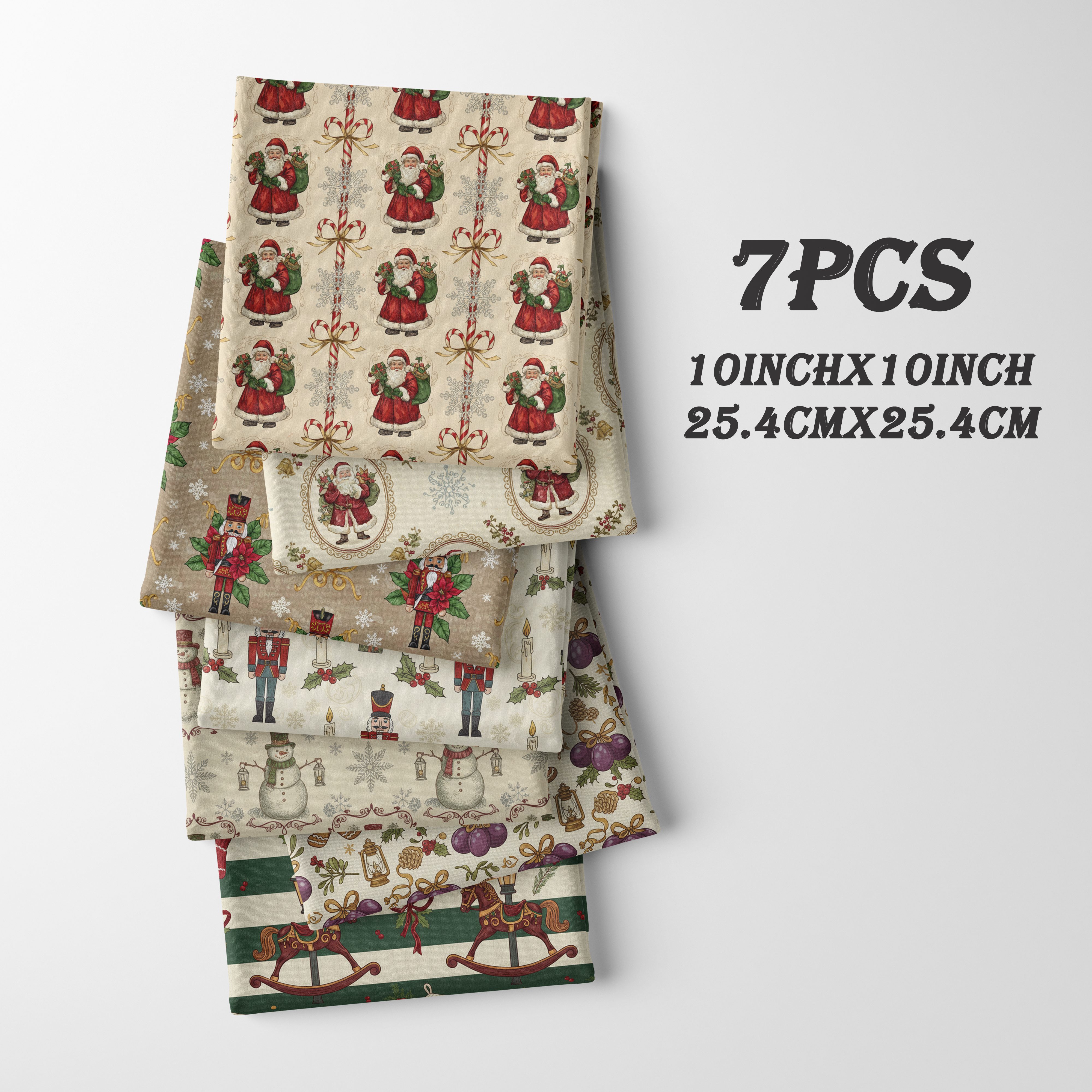 TEMU 7-sheet Pack 10-inch ( X Cm) Vintage Nutcracker Christmas Santa Pre-cut Fabrics, Santa Claus, Candy Cane, , Patterns, 100% Polyester Fabric,