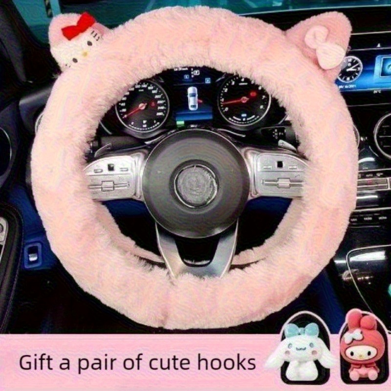 Image of Genuine Suitable For Car Steering Wheel Cover With Characters (//helloseven) - Soft Warm Car Accessory For Women &, Fit For Vehicle Interior Decoration, Cute Driving Gift