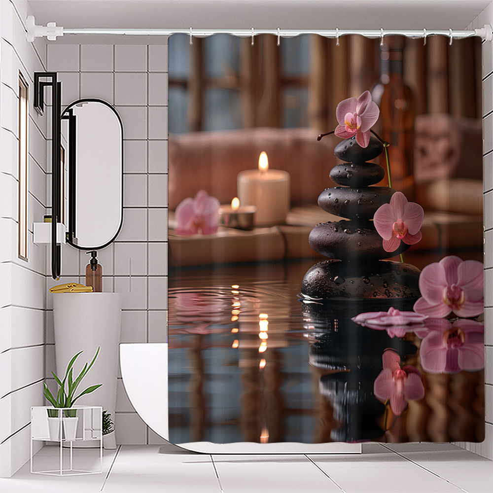 

1pc -themed Water-resistant Woven Polyester Bath Divider With Pink Floral And Pebble Print, Machine Washable With Hooks Included - Water-repellent Bathroom Accessory