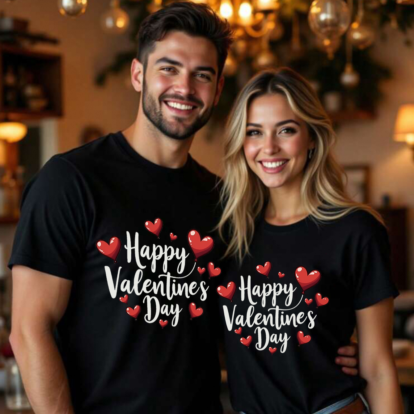 

Happy Valentine's Day Matching T-shirts - Casual Tees With Red Heart Print, Round Neck, Machine Washable For Summer, Summer Clothing|love Themed Apparel| Knit Shirt, Valentine's Day Outfit