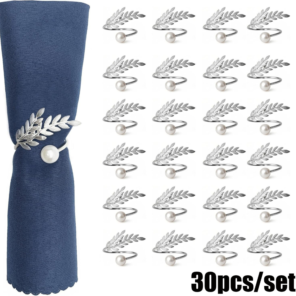 TEMU 30-pack Pearl & Golden/silvery Leaf Napkin Rings - Elegant Wedding Table Decor, Holiday Dinner Party Supplies, And Design For Christmas, Bridal