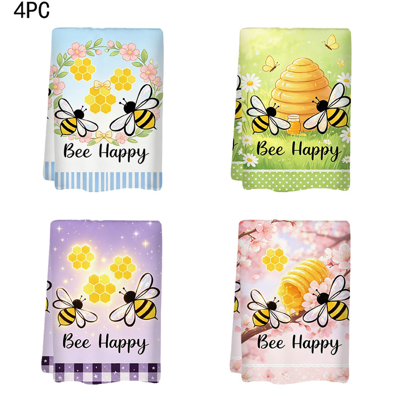 TEMU 2d Flat Printing Cleaning Cloth 4pcs Kitchen Towel Cute Bee Honeycomb For Kitchen And Bathroom Towels, Suitable For , Baking, Bathroom Cleaning,