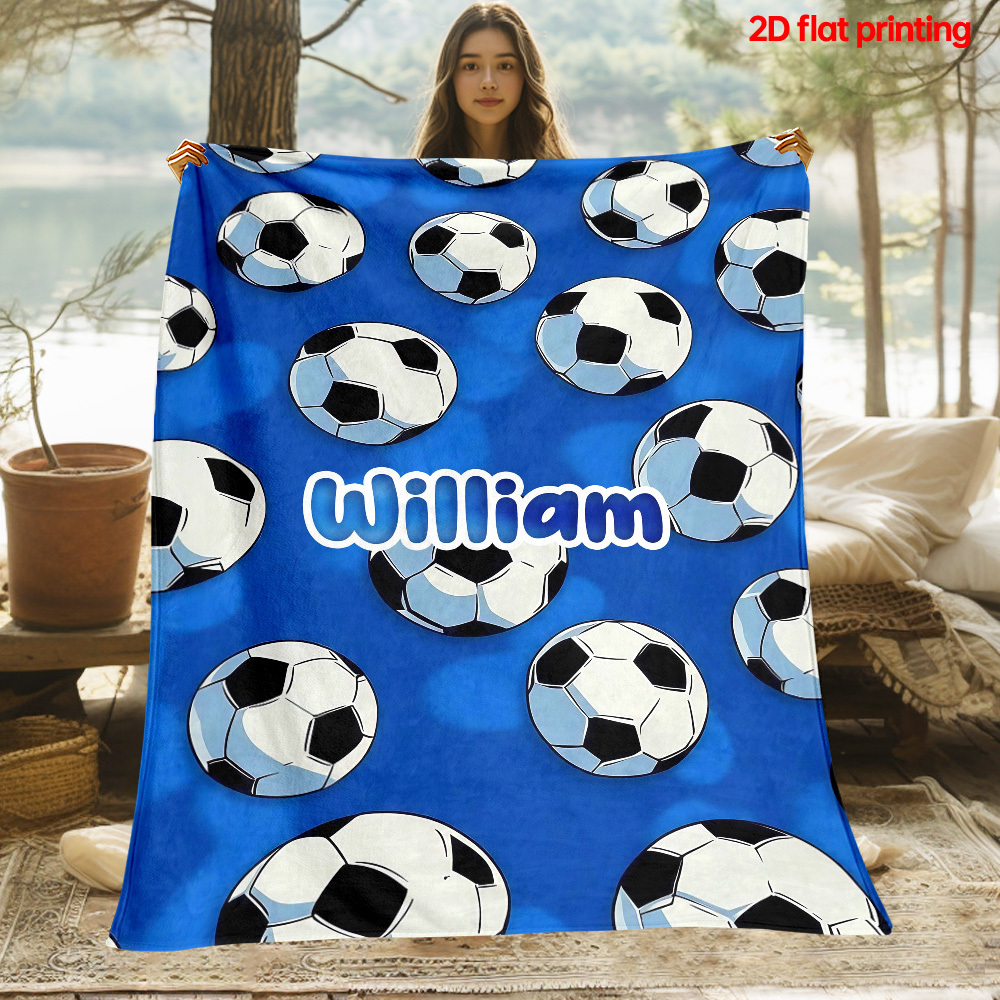 TEMU 1pc Soccer Ball Pattern Custom Name Outdoor Portable Blanket - Lightweight Blanket Suitable For Travel Camping Living Rooms Offices Sofas Chairs