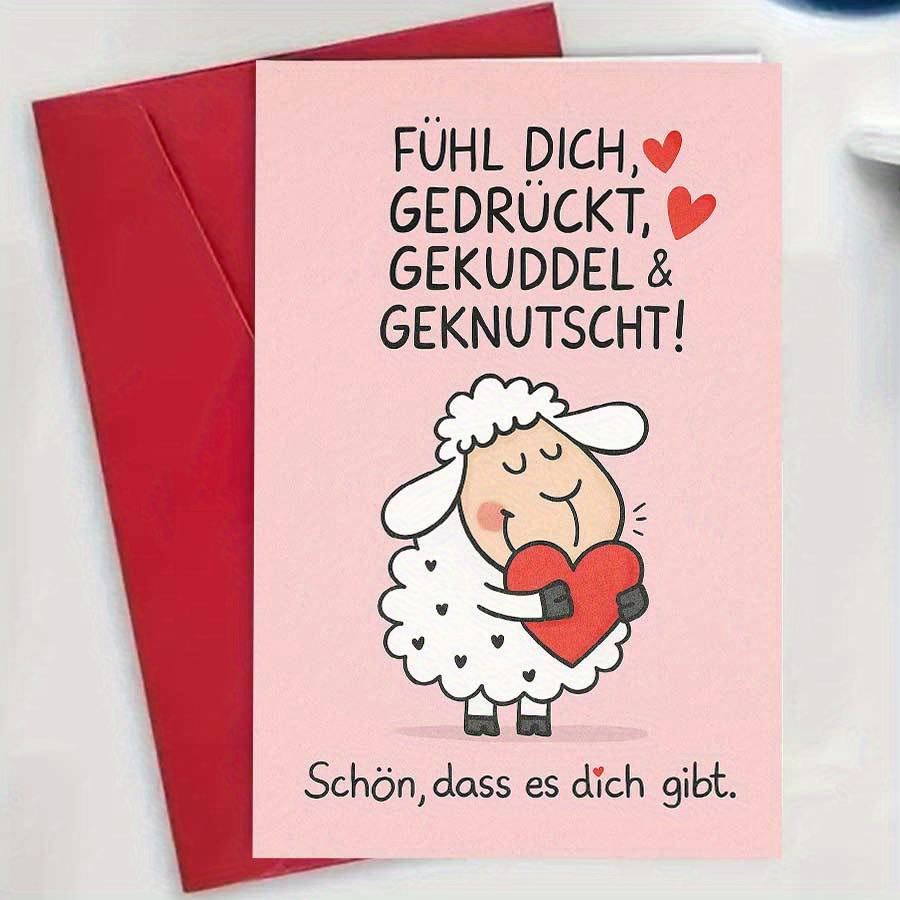 E-shop Niedliche Valentinstagskarte mit kuschelnden Schaf & Herzen - Rosa-Weißes Pastelldesign, deutsche Phrasen "ful ich, dich, geküdelt, gequdelt" -