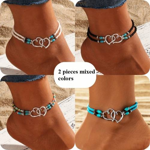 set of 2 bohemian beaded anklets for women sparkling multicolor hollow seed bead anklets adjustable elastic cord vintage stylish jewelry for parties gifts and everyday use