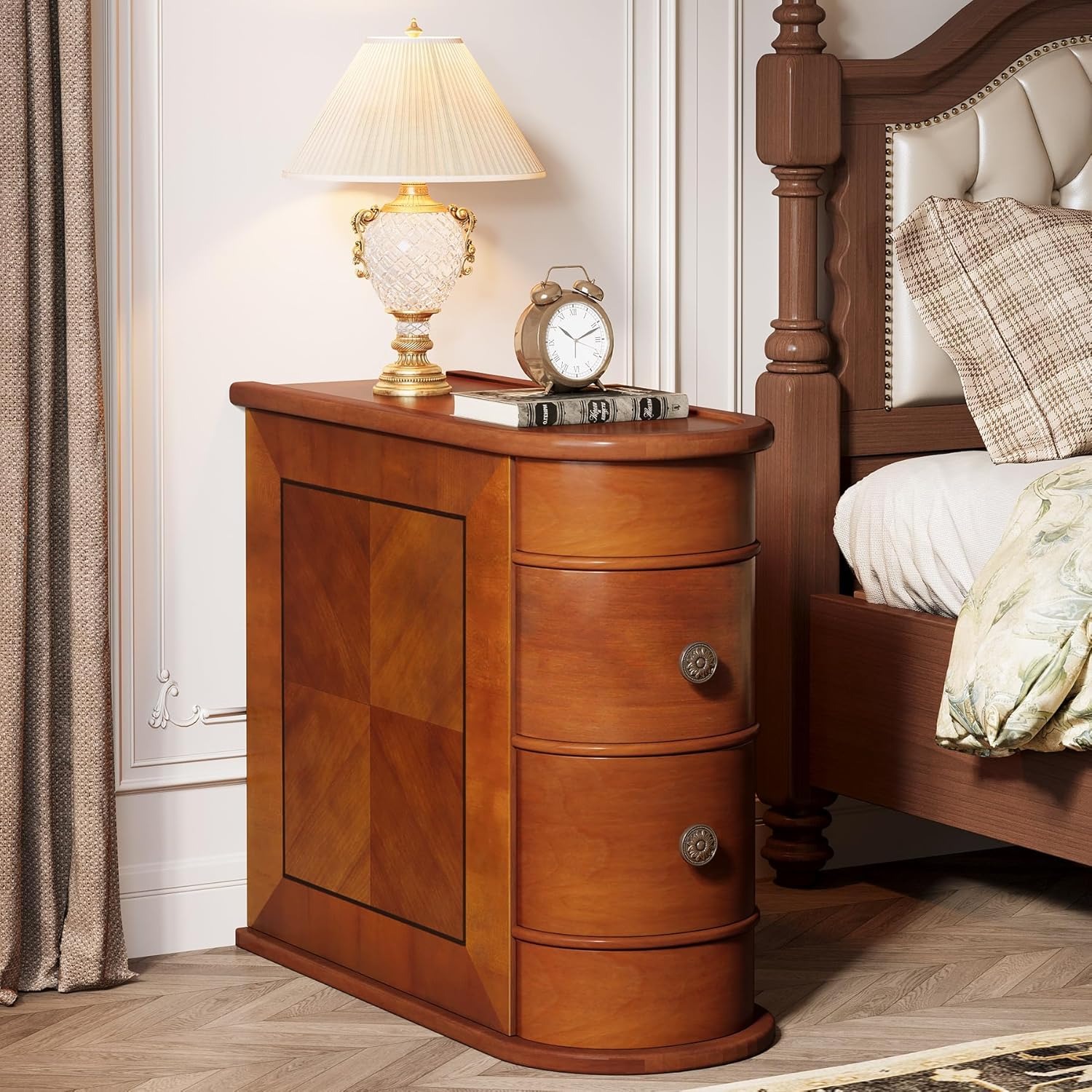 Image of End Table With 2 Drawers, Sofa Side Table With Storage, No , Closed Back, Slim Nightstand Vintage Wood Bedside Narrow Accent Table For Living Room Bedroom, Brown