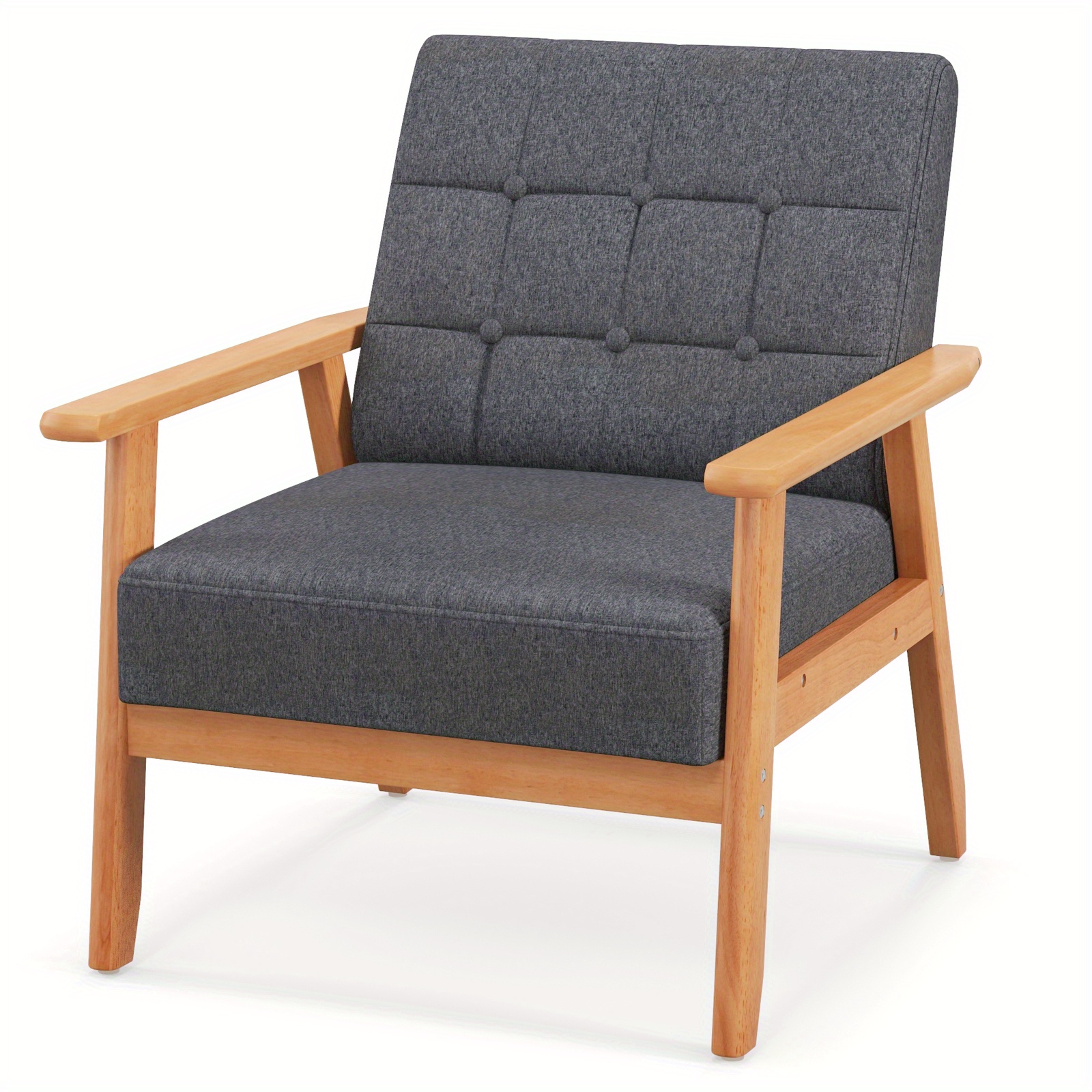 Accent Chair In Mid-century , Featuring Button-tufted Upholstery, Breathable Linen Fabric, And A Sturdy Rubber Wood Frame