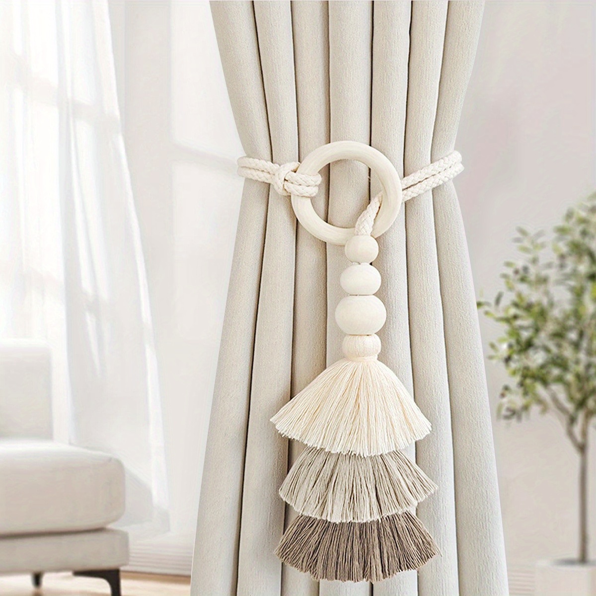 TEMU 2pcs Bohemian Handmade Tassel Curtain Tiebacks With Wooden Beads