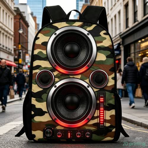 Stylish LED Speaker Backpack with 2D Flat Print, Cool Speaker-Design Backpack, Casual for Music Lovers, 2D Flat
