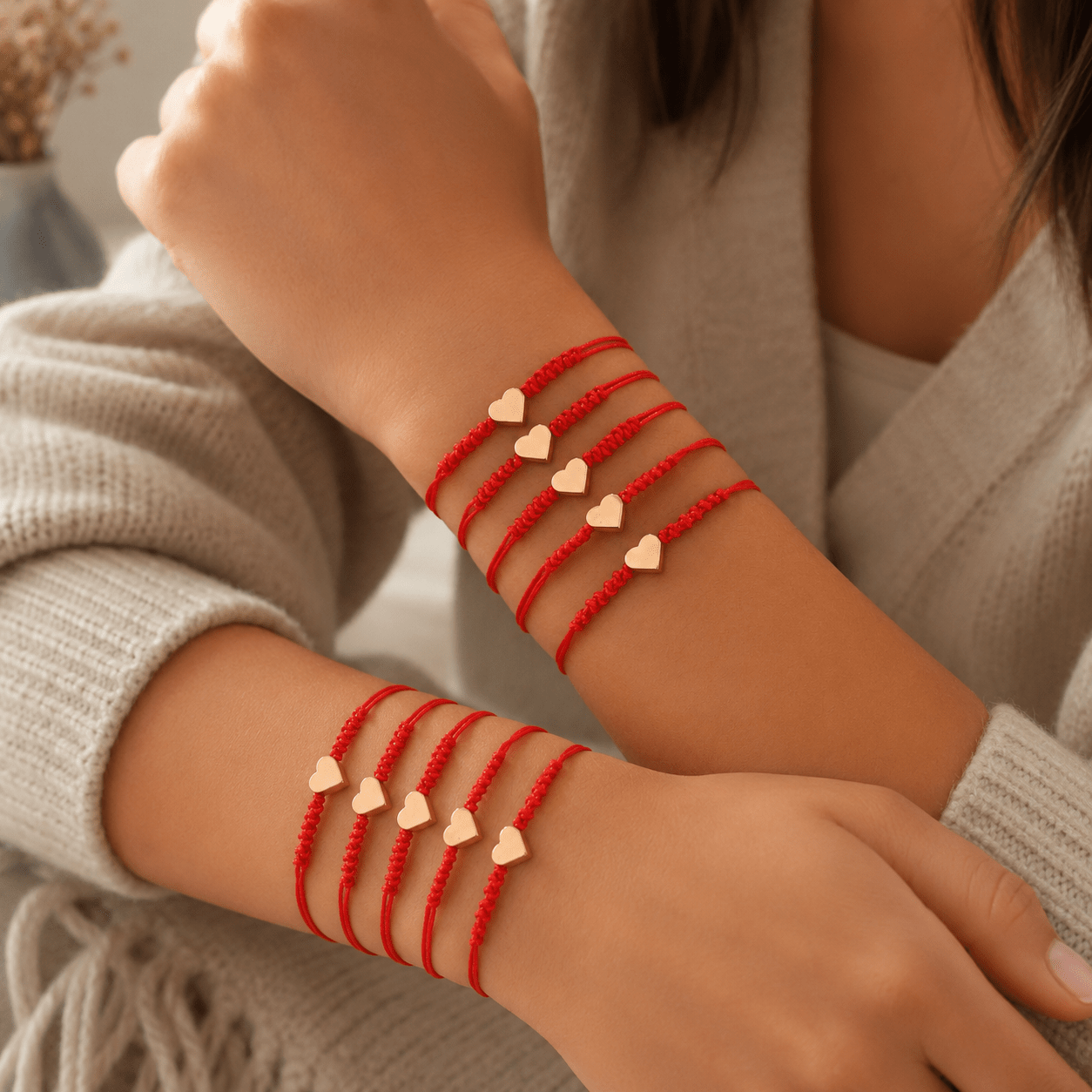 TEMU 10pcs Antique Style Simple Heart Braided Adjustable Red String Bracelet Set, Family Large Set, Couple Bracelets, Valentine's Day Gift, Birthday