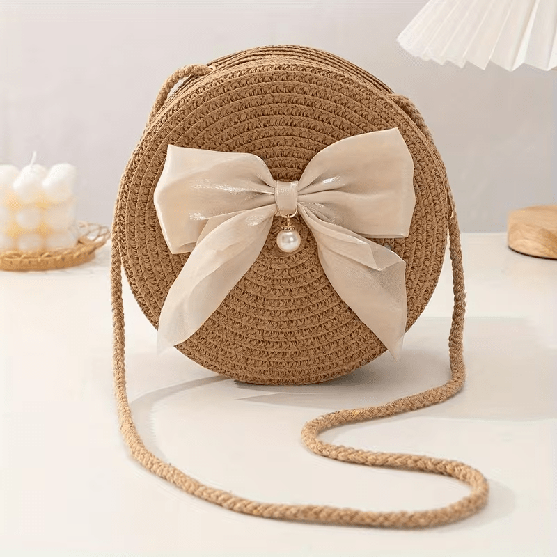 TEMU 1 pièce Sac bandoulière pour femme avec nœud, sac rond en paille tressée, pochette bandoulière à sangle tressée réglable, mini porte-monnaie