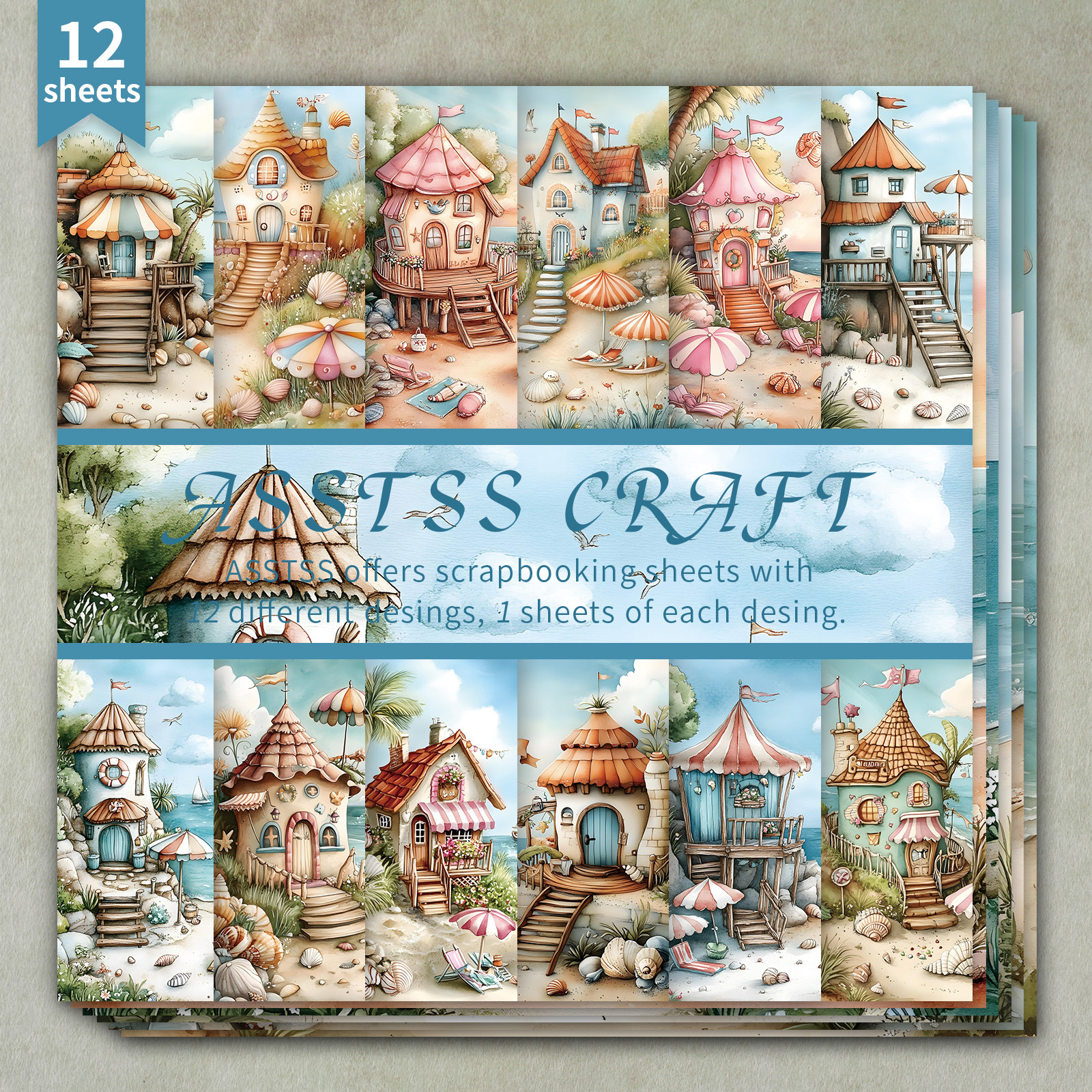 TEMU 12-Vloezen ASSTSS 6X6 Inch Scrapbooking Papierblok, Waterverf Strand Feeënhuizen, Grillige Dromerige Stijl Achtergrondpapier Benodigdheden,
