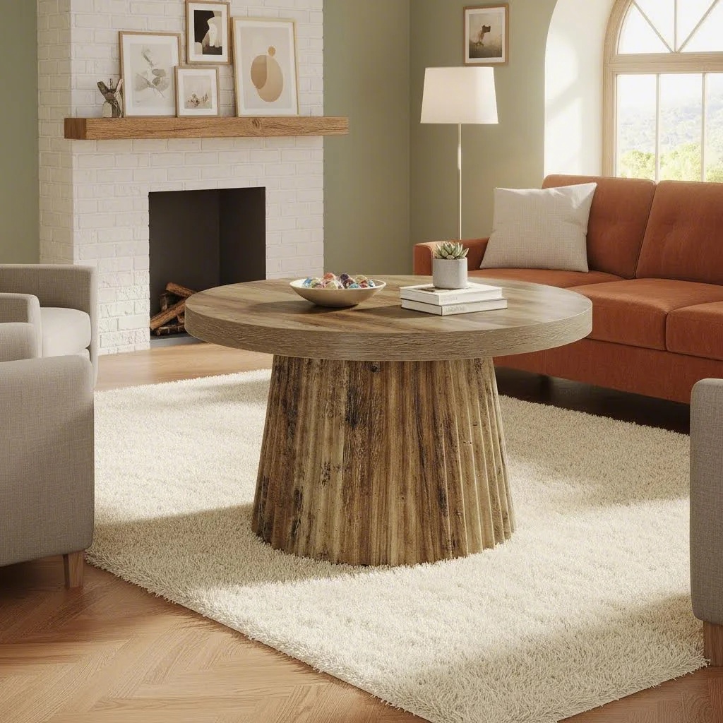 Round Coffee Tables Measuring 80.01 cm, Featuring a Fluted Drum Base, Designed in a Small Farmhouse Style, Perfect As a Mid-Century Modern Boho Accent Table for Living Rooms, Apartments, Or Compact Spaces, in a Brown End