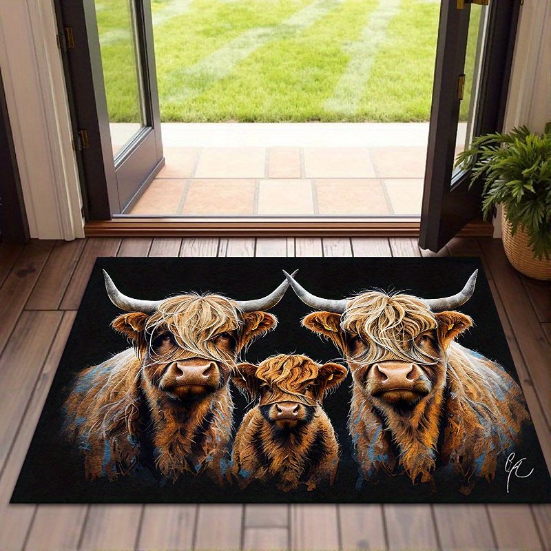 large   welcome mat heavy duty doormat with black background extra large entry mat 1 8m 2 16  washable polyester farmhouse decor for front door porch patio   home decoration highland cow decor porch accessory cattle illustration doormat outdoor durable mat