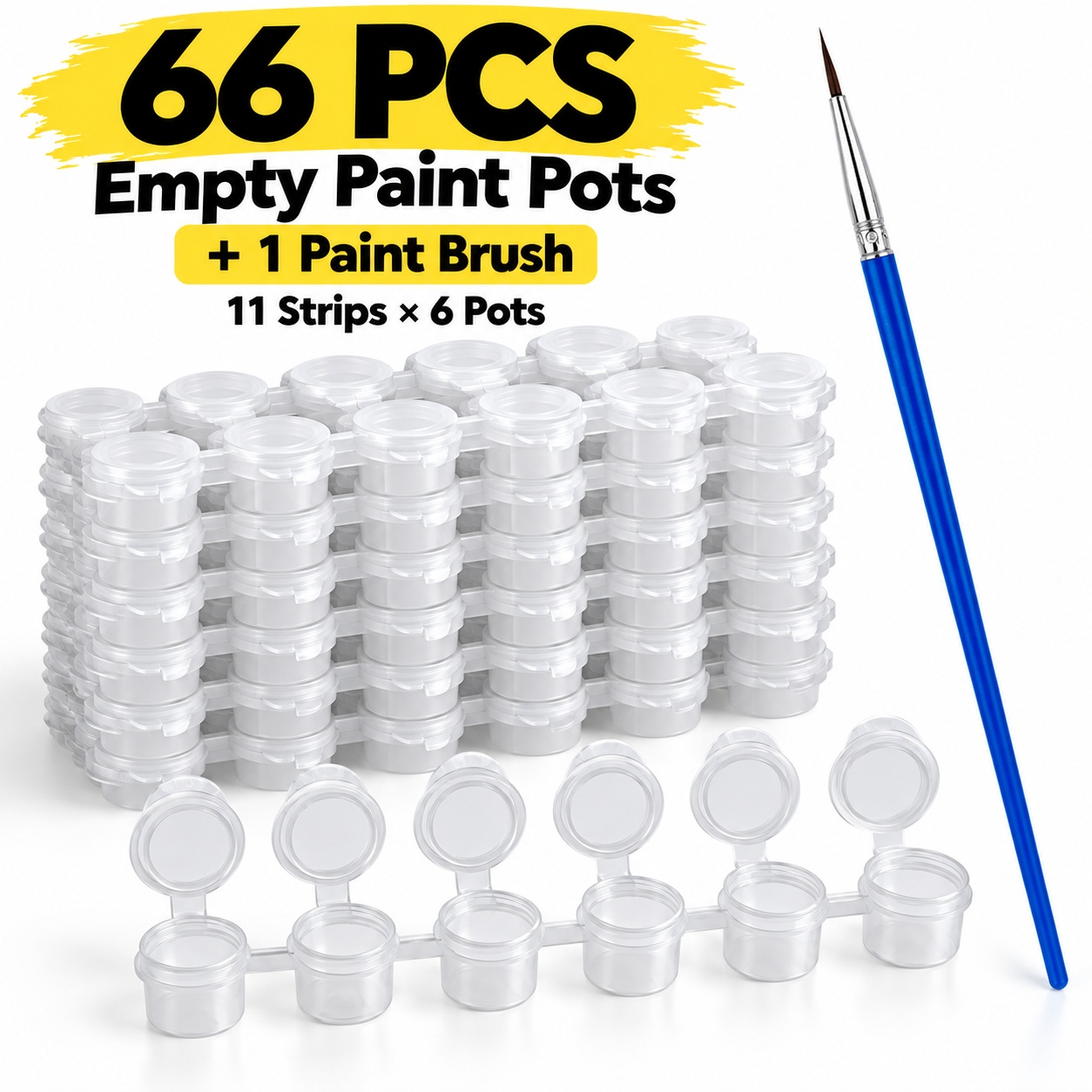 TEMU 66pcs Clear Empty Paint Pots (11 Strips X ) With 1 Blue-handle 16.5cm Pointed Brush For Acrylic And Watercolor