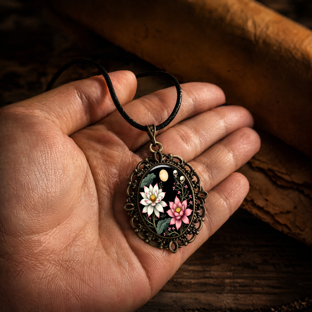Vintage Floral Moon Night Sky Glass Pendant Necklace