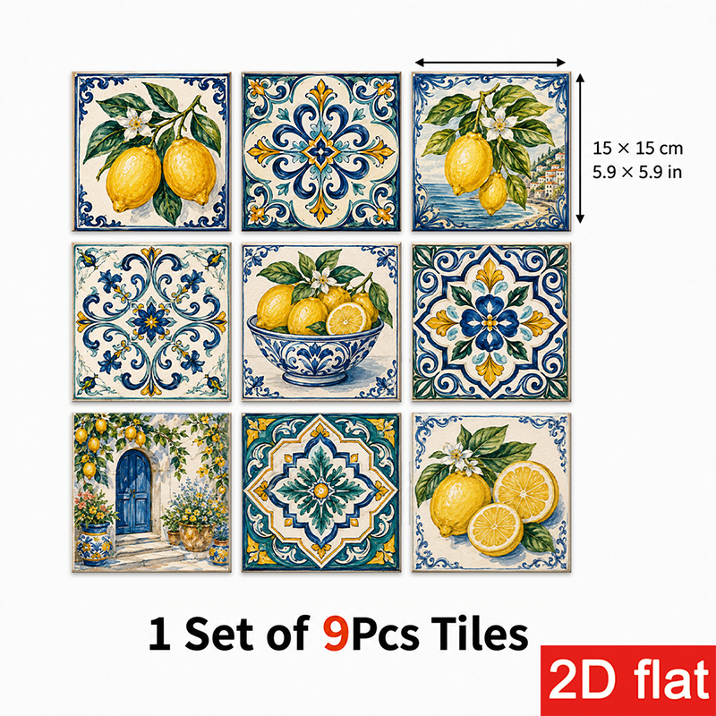 TEMU 2d Flat 9pcs 15x15cm (5.9x5.9in) Slate Tile Stickers High-grade - Peel And Stick Wall Tiles With Colorful Citrus Motif For Kitchen Backsplash,