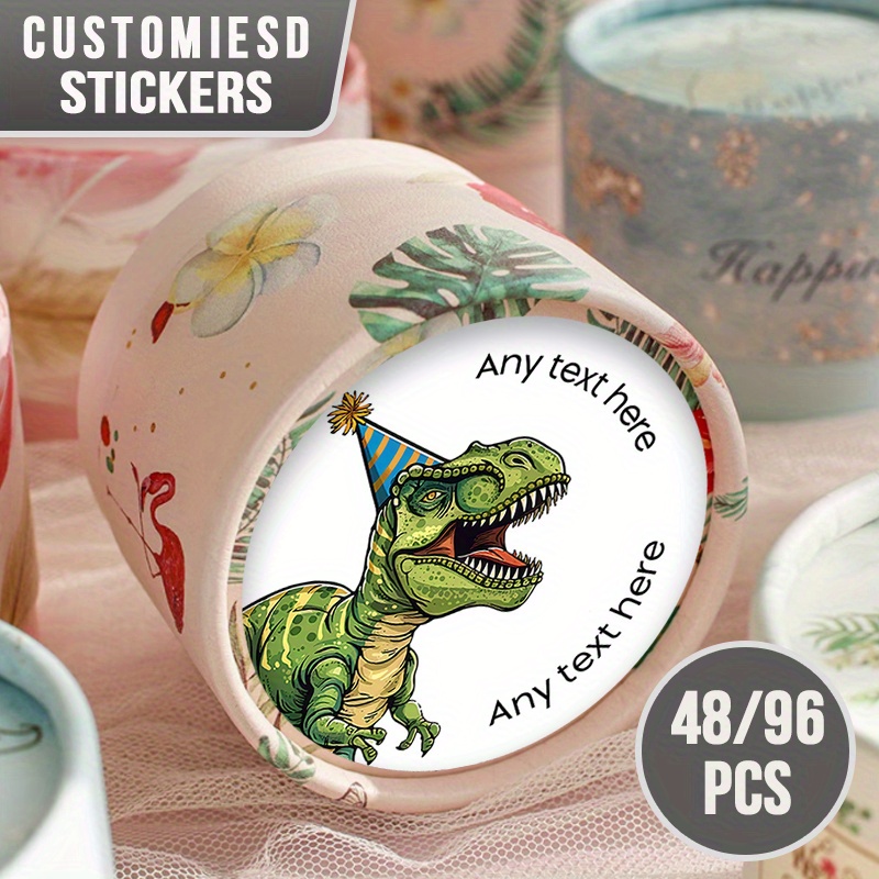 TEMU Custom Stickers 48/96pcs, Personalizable With Names & Dates, -rex Wearing Party Hat Cartoon Design With Sharp Teeth, For Birthdays, Festivals,