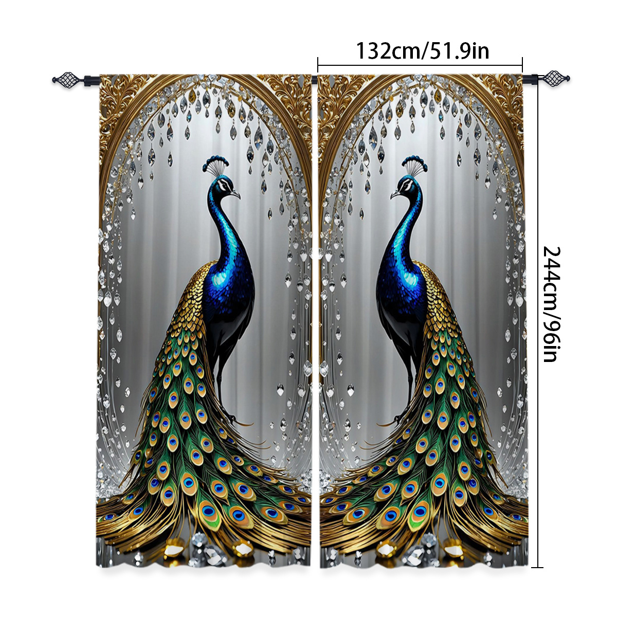 TEMU 2pcs Polyester Curtain Set, Peacock Print With Golden And Green Accents, Valentine's Day Peacock Decorative Curtains, Kitchen Curtains, Bedroom