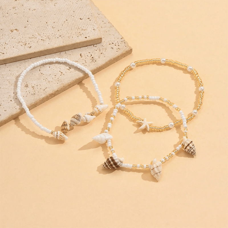 3pcs Women's Anklets Ocean Style Shell Starfish Beaded Set