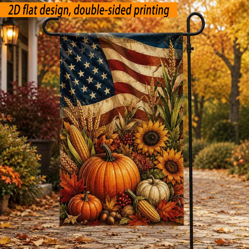 TEMU 2d Flat - 2d Flat - 2d Flat Design, Double-sided Printing 1pc, Patriotic American Flag Autumn Garden Flag, Pumpkin Sunflower Harvest Decoration,