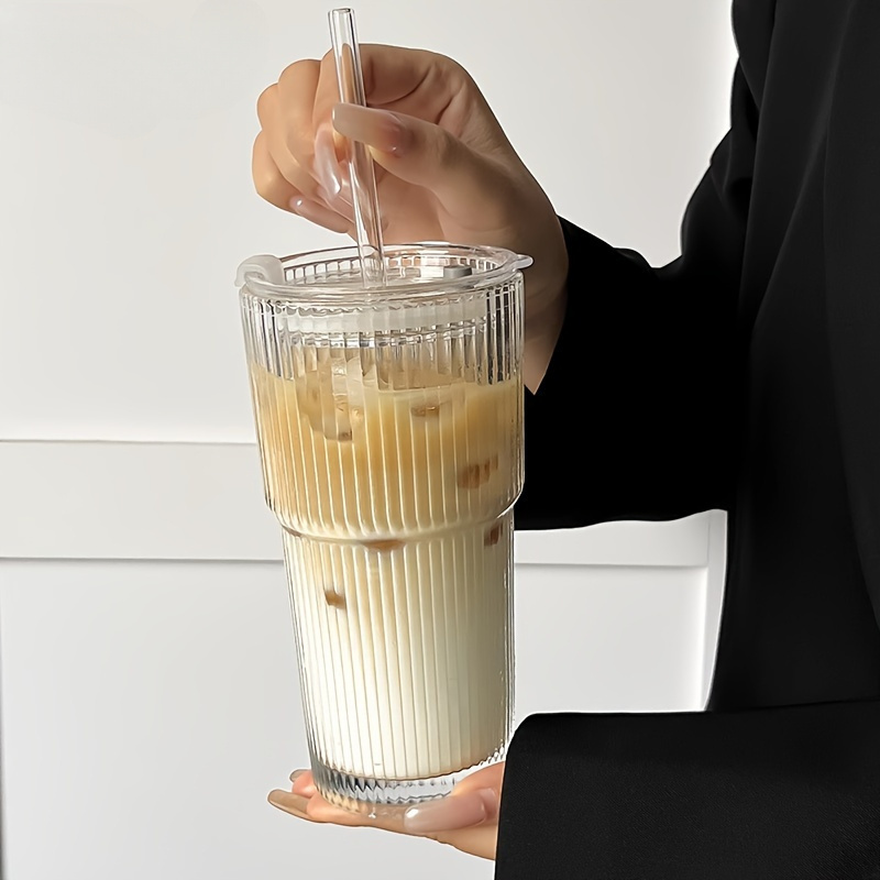 TEMU 1pc Stylish Striped Glass Tumbler With Straw And Lid - Durable, 550-600ml, Coffee, Tea, Iced Milk, Americano, And Lattes, Long-lasting Beverage