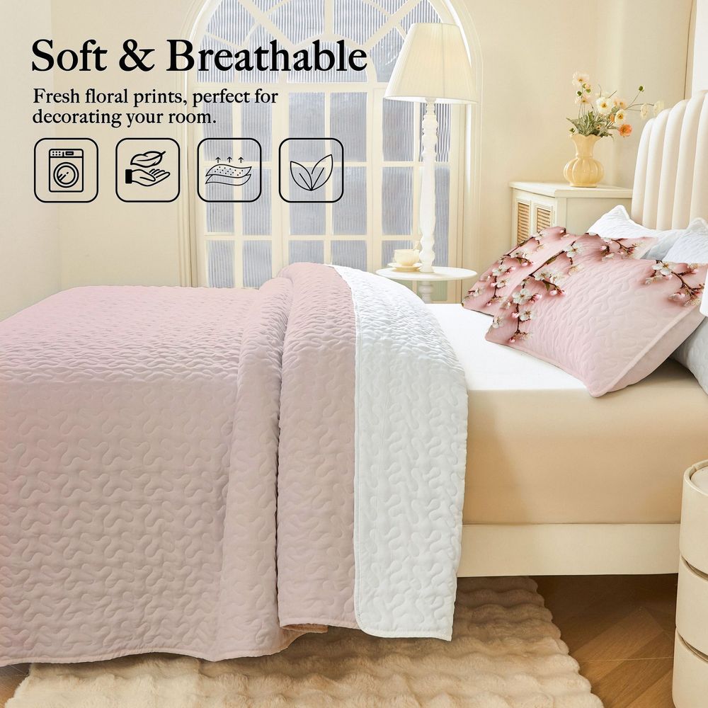 2/3pcs Quilt Set Elegant 2D Cherry Blossom Pattern Bedspread Set, Soft Pink & White Floral Quilt Bed Cover Set (1 Quilt + 1/2 Pillowcases), Spring Serene Floral Bedding for Bedroom Decor, Delicate Blossom Branches with White Flowers & Pink Buds