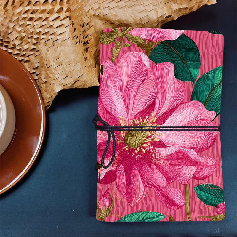 TEMU Un journal élégant en cuir avec un motif de fleurs roses et de feuilles , parfait pour les , ou cadeau spécial pour les événements.
