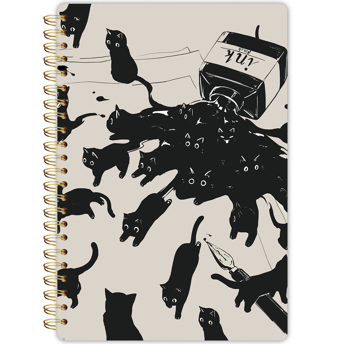 Image of Little Black Cat Playing With Ink Spiral Coil Notebook, A5 Thick Cover Design For Note-taking And Gifting, 5.5x8.3 Inches, 50 Double-sided Pages, High Quality Dorian Paper, 80g