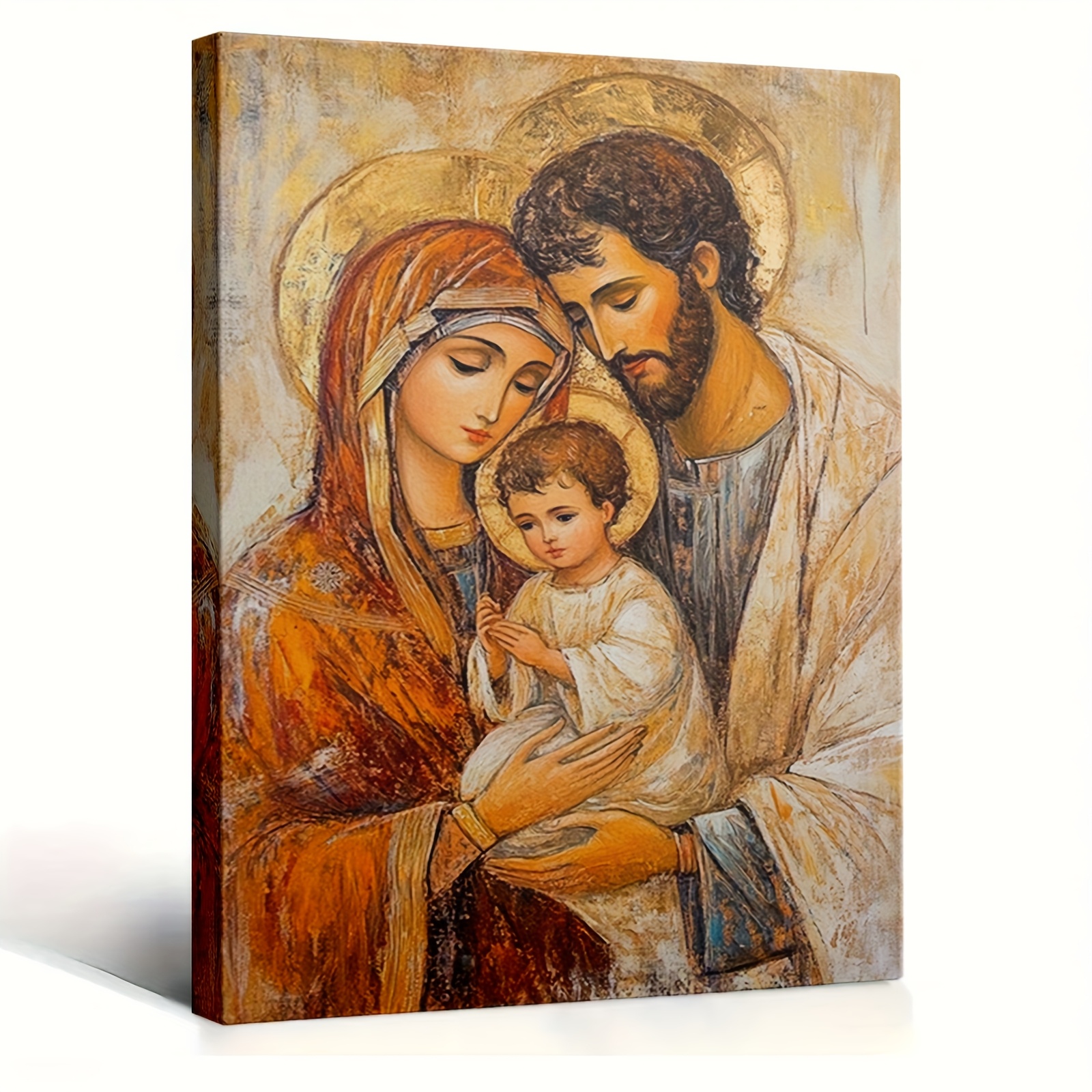 TEMU 2d Flat, 1pc Holy Family Framed Icon Painting - Solid -around Canvas Frame Bohemian Country Suitable For Home Church Room Decor, Holy Family
