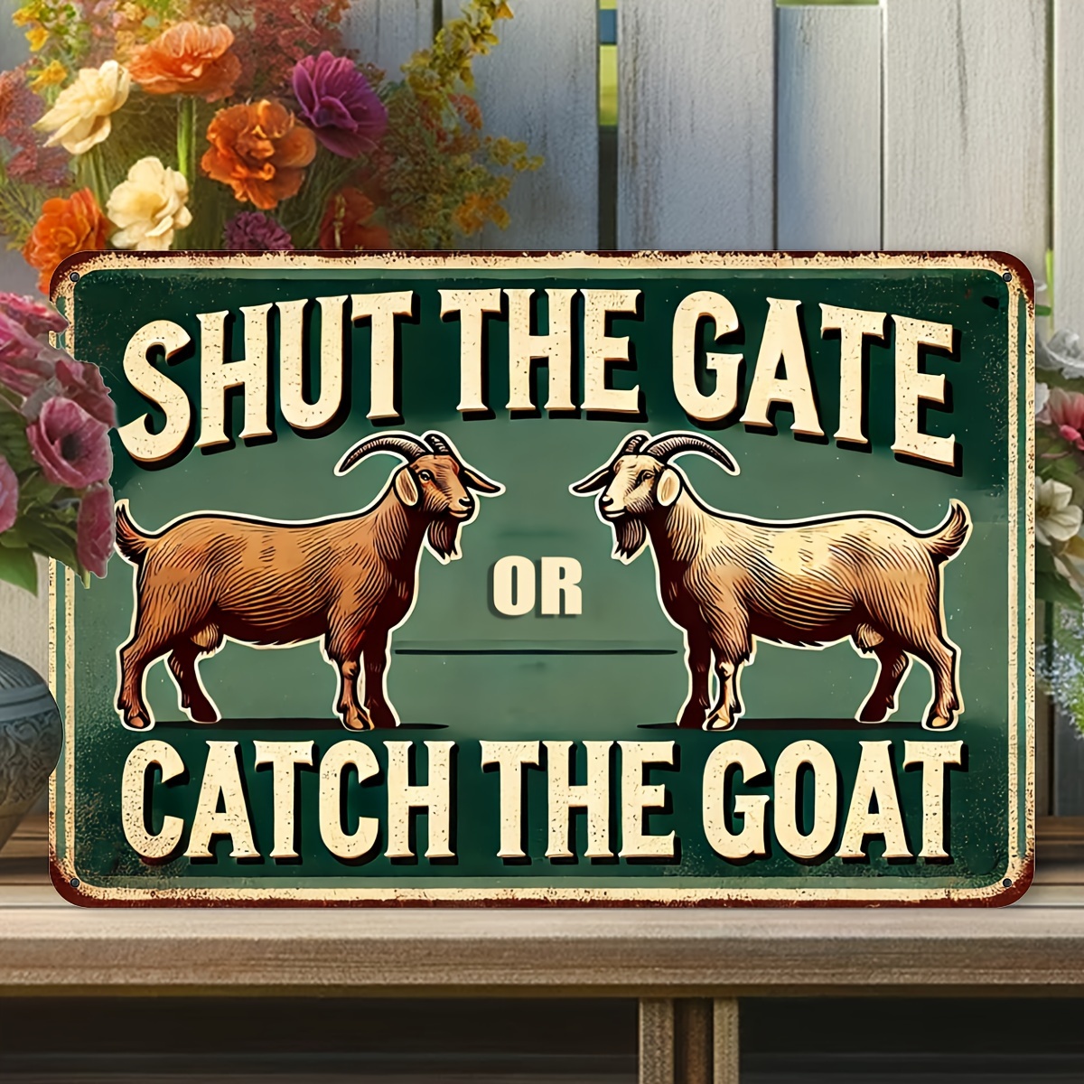 TEMU 2d Flat, [2d Flat] Vintage "catch " Goat On Fence Sign - Rustic Wood Wood Outdoor Decoration Suitable For, Porch,, Cafe, Farm - Farmhouse Style