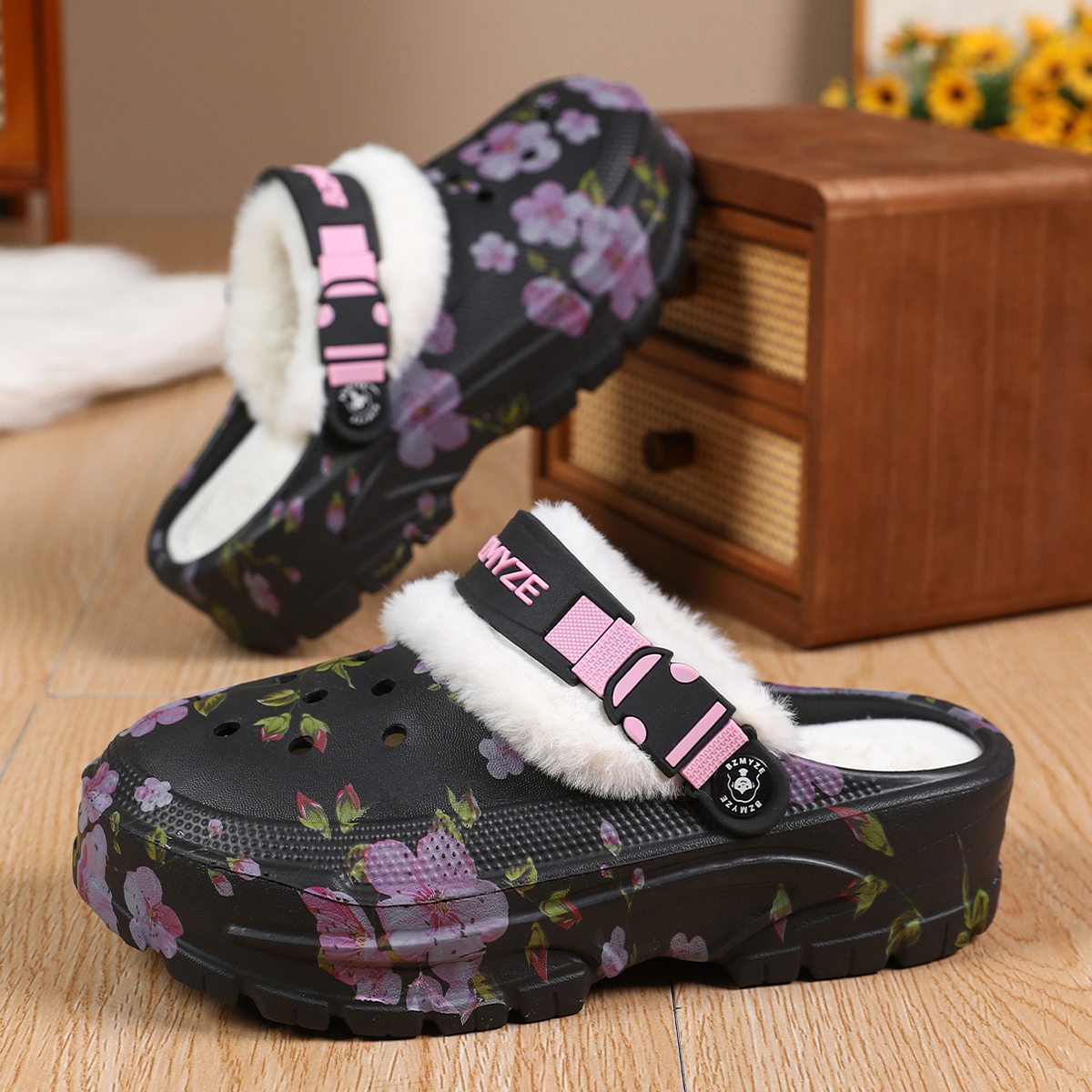 TEMU Bzmyze Autumn/winter Plush-lined Cherry Platform Eva Clogs For Women, Height-increasing Plush Slippers For Home And Outdoor Use, Warm With High