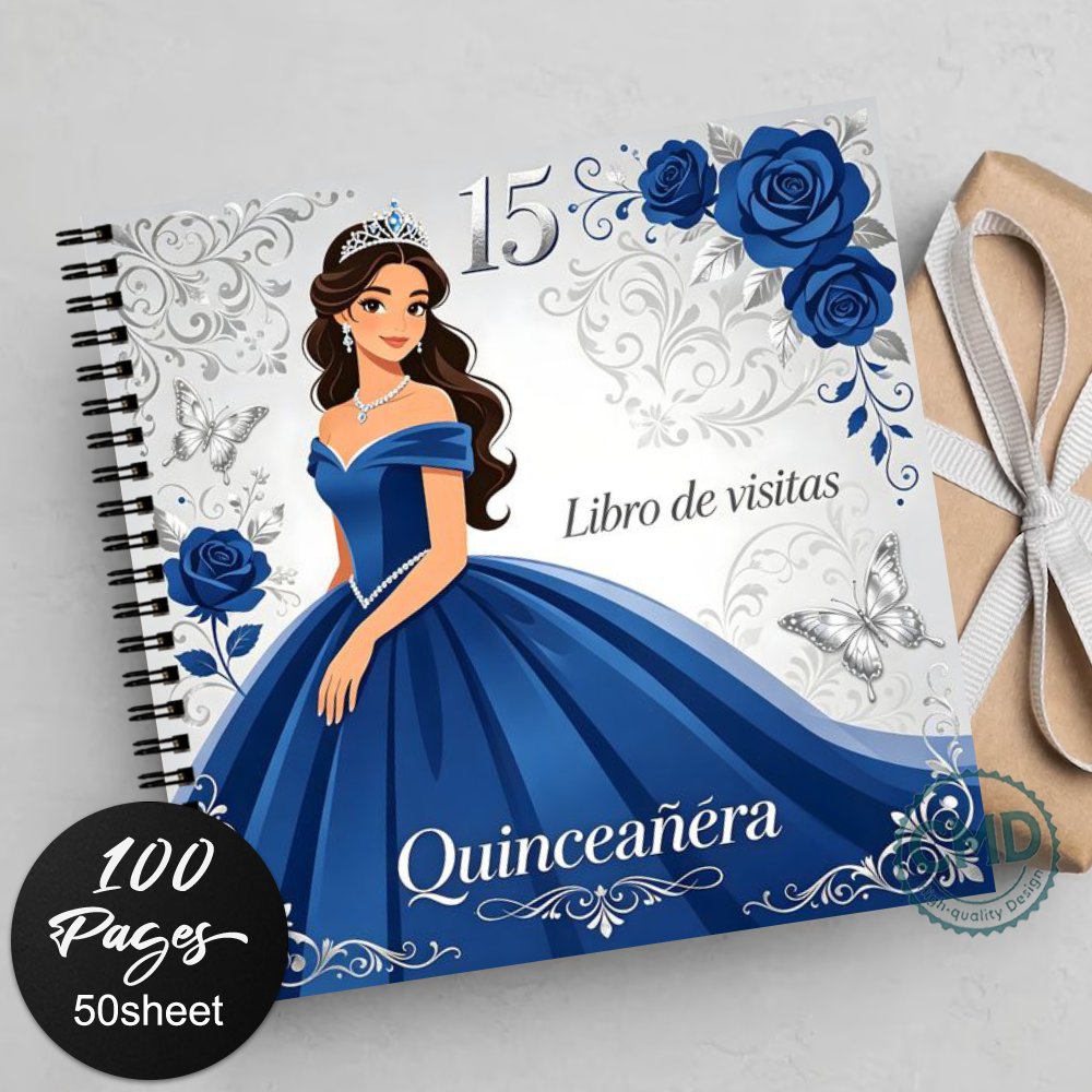 TEMU 1 Libro de Visitas para , Despedidas de Soltera, Quinceañera, Diseño de Vestido Azul con Rosas y Mariposas, Libro de Visitas para Grabar como ,
