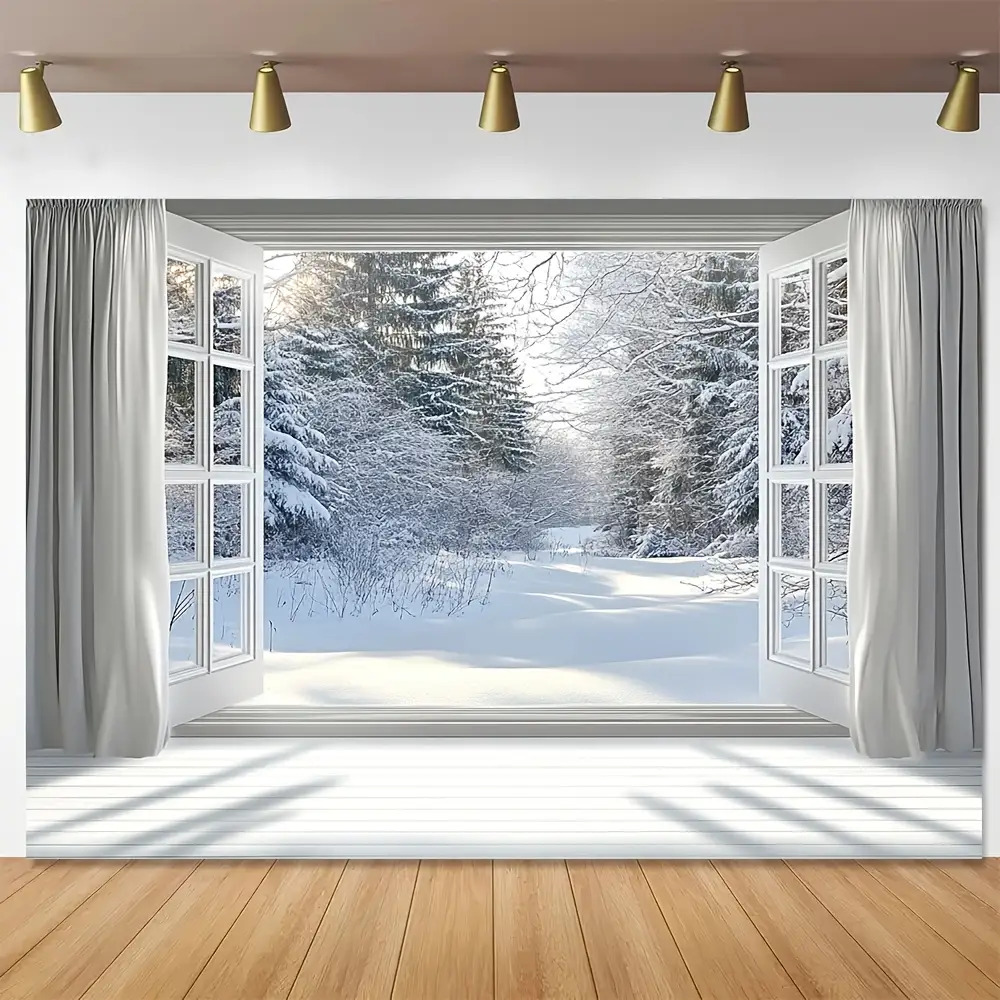 Christmas Backdrop, Snowflake Forest Scene with Window View