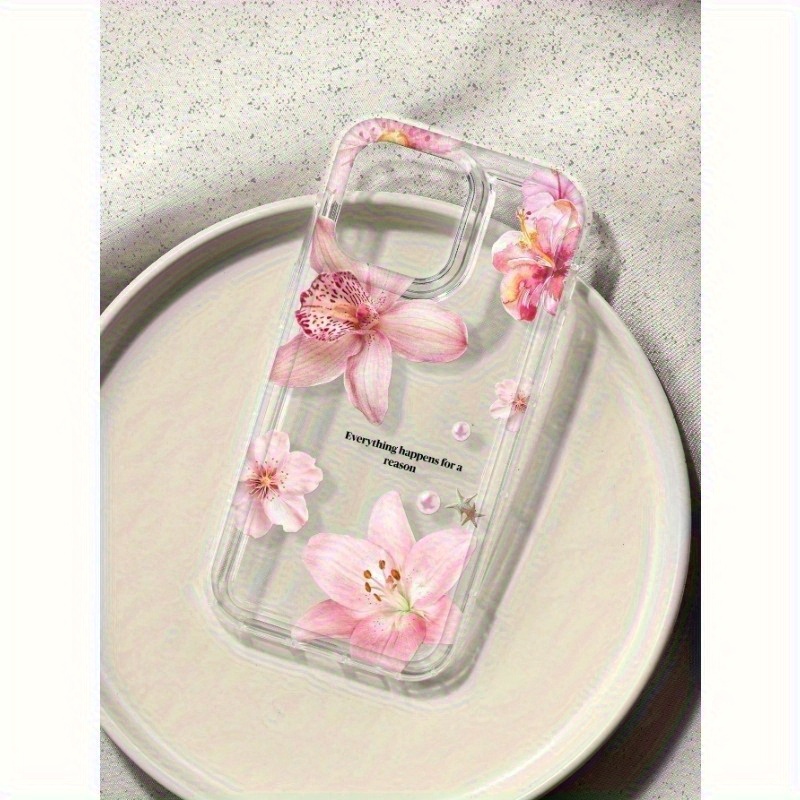 TEMU Phone Case - A Transparent Shockproof Phone Case Featuring Pink Flowers And Pink Pearl Designs, Compatible With For Iphone 16, 15, 14, 13, 12,