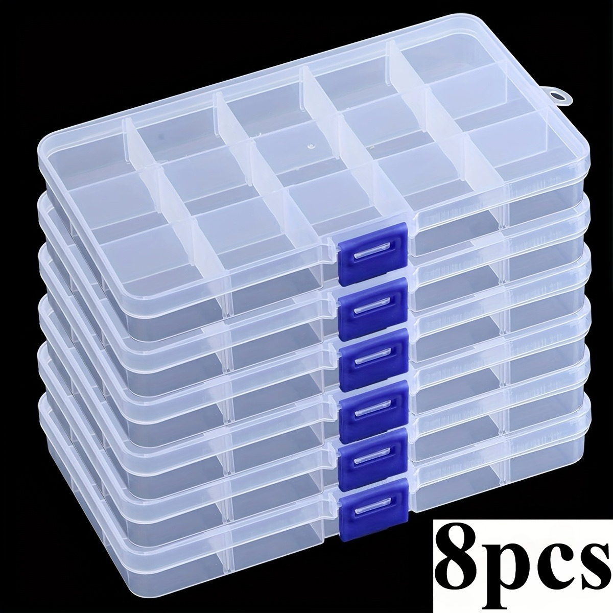 TEMU 8-pack Clear Storage Boxes With 15 Removable Grids - Secure Snap Closure And Stackable Design | Ideal For Beads/ Jewelry/crafts/small Items |
