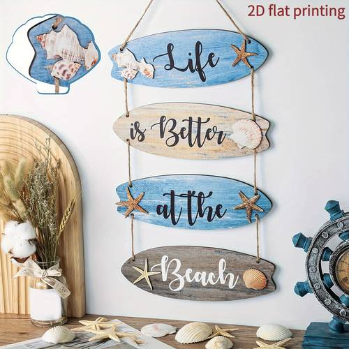 2d flat printing 4pcs set beach bathroom decor beach sign blue bathroom wall decor inspirational quote sign wooden coastal decor nautical wall decor farmhouse country wall hanging living room bedroom furniture decor