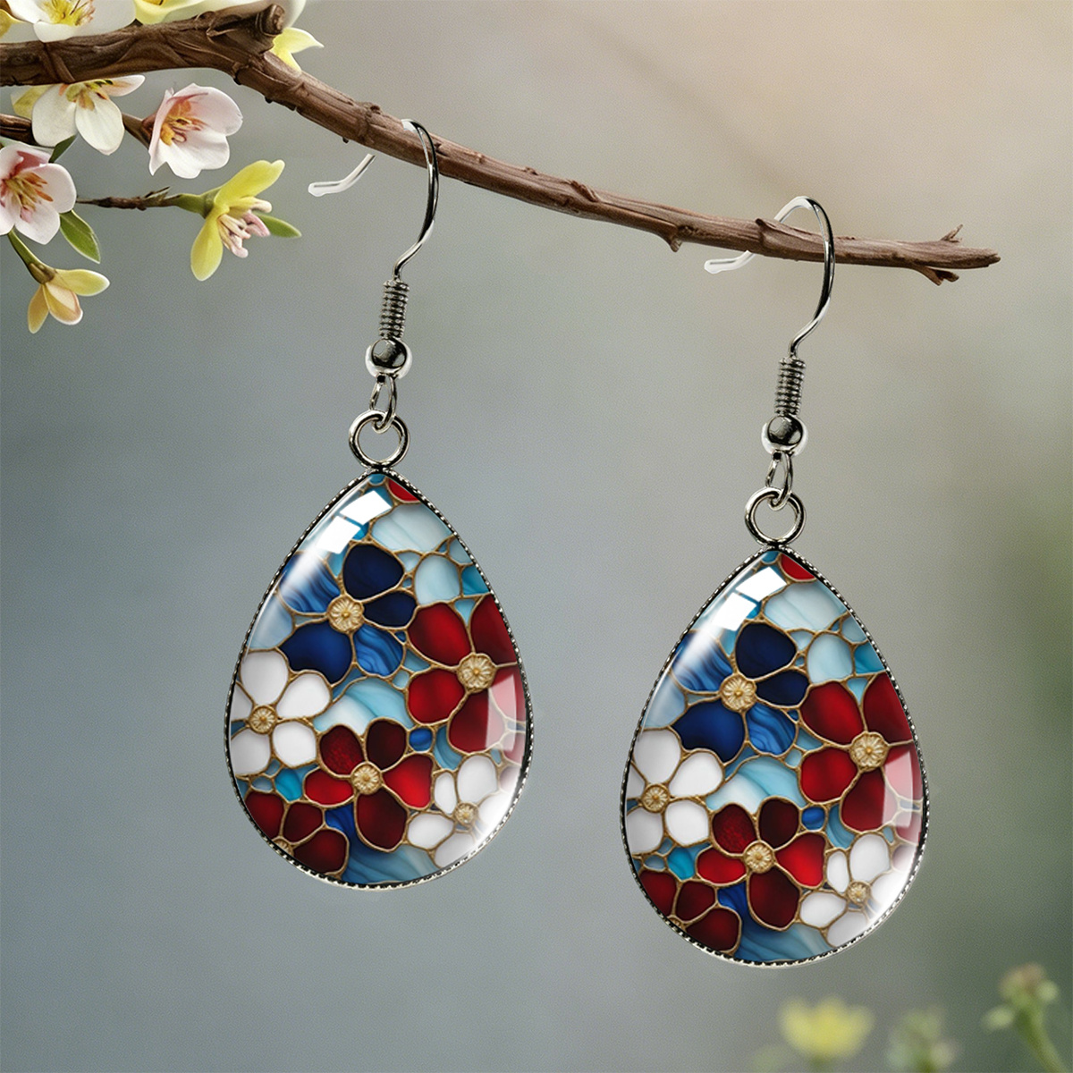 TEMU 1 paire de boucles d'oreilles de en verre peint avec motif floral, accessoires d'oreille unisexes