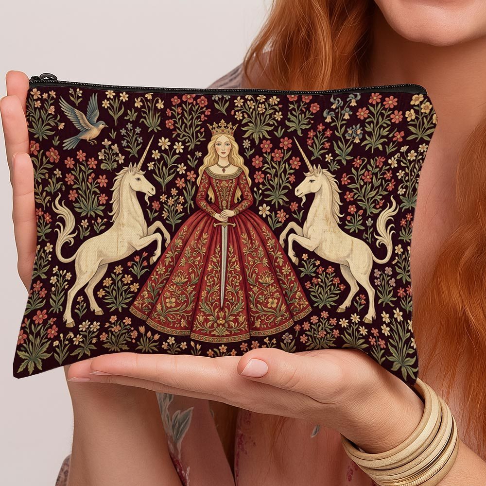 TEMU 1 pièce, Matériau : Trousse de maquillage, Trousse de maquillage médiévale vintage à la tapisserie - Motif de figure féminine et licorne, Sac à