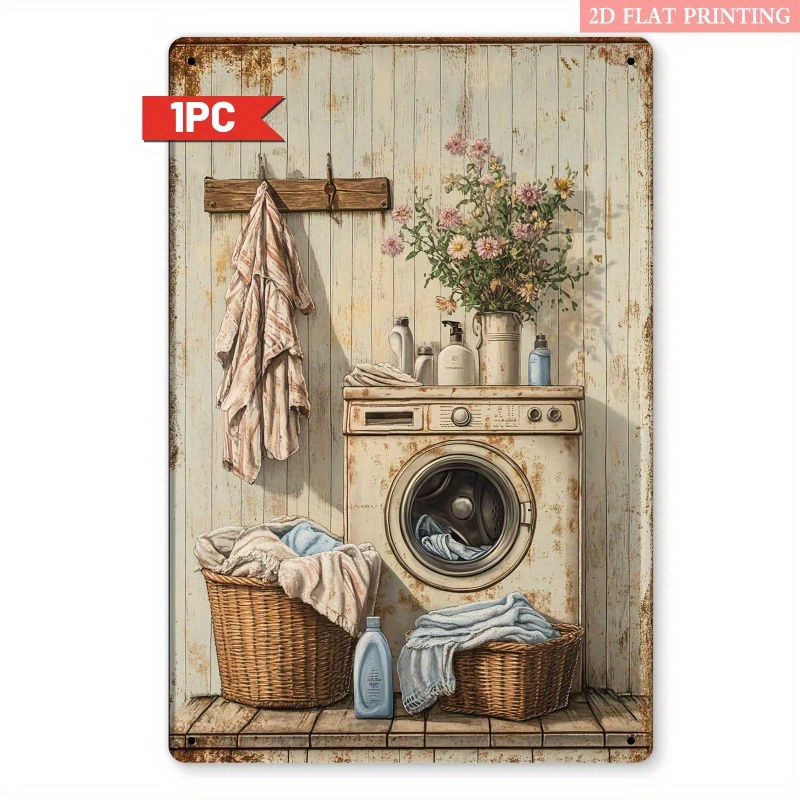 TEMU 2D, 2D, 1 pieza Letrero decorativo de pared para lavadero - Lavadora diseño floral, de hierro con desgastada, Decoración de baño de granja y