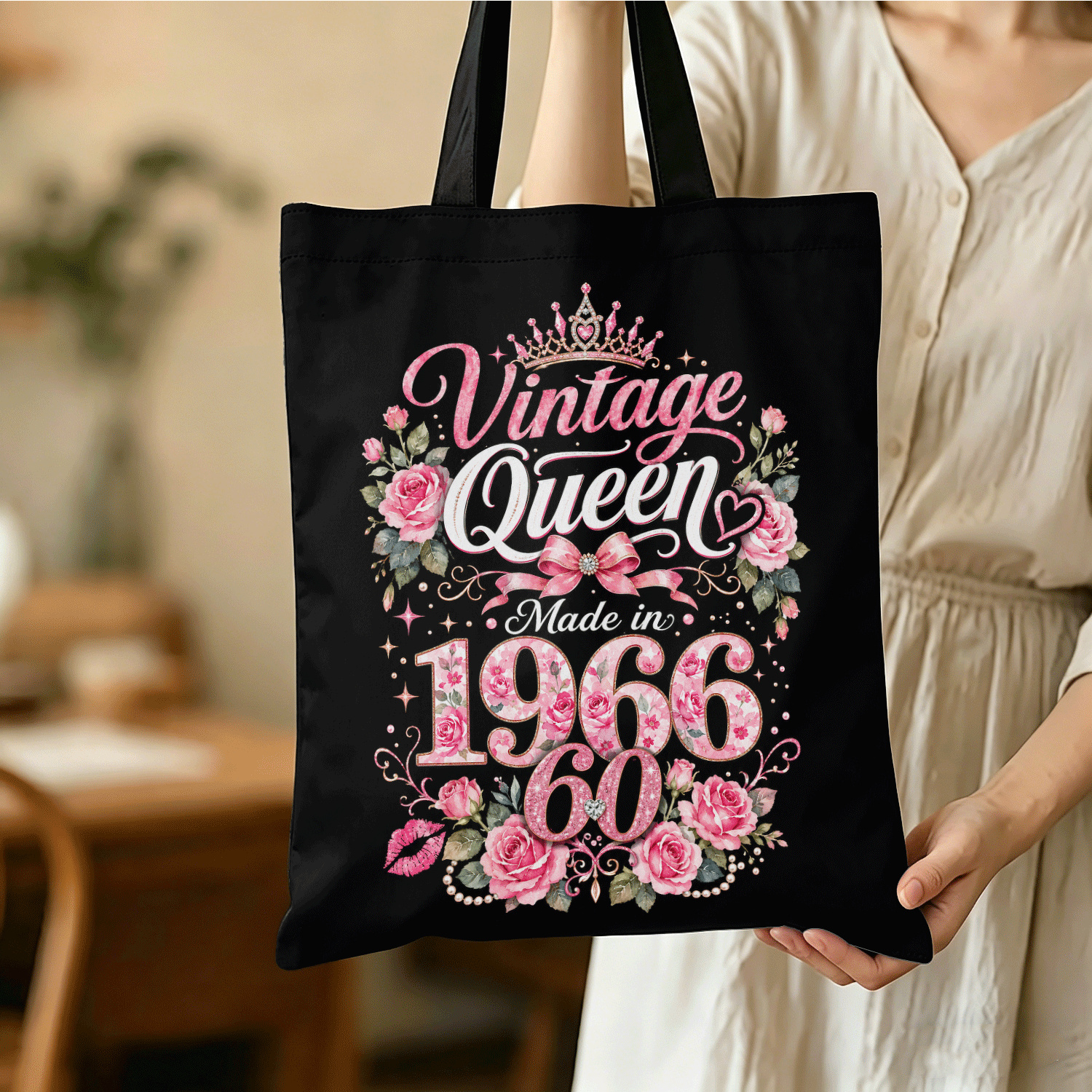 TEMU Made In 1966 60th Birthday Floral Tote Bag - Women's Handbag Suitable For Daily Shopping, Students, Travel, And Leisure Activities, Lightweight
