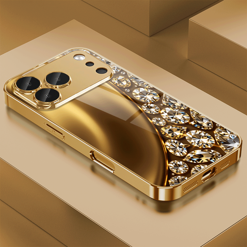 TEMU Phone Case: Golden With Sparkling Diamonds, A , High-end, Trendy Patterned Electroplated Glass Phone Case. Suitable For Iphone 17/17 Pro Max/17