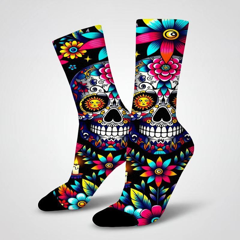 TEMU Un par de calcetines unisex pantorrilla, con vibrantes estampados de y floral del Día de Muertos, diseño colorido, tejido y transpirable,